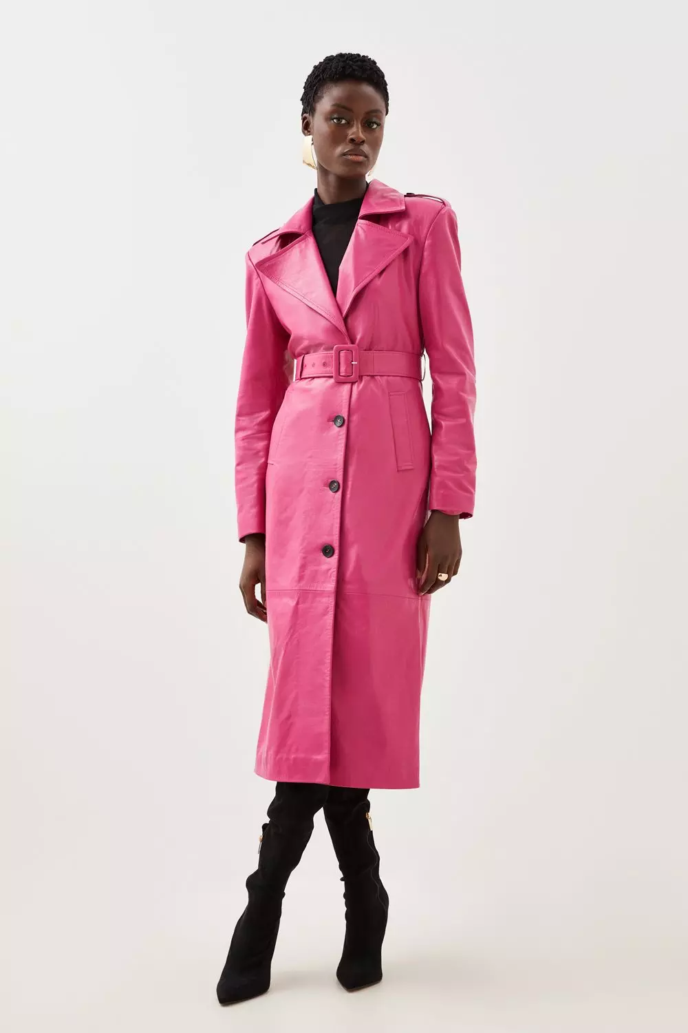 Leather Structured Collared Belted Coat Karen Millen